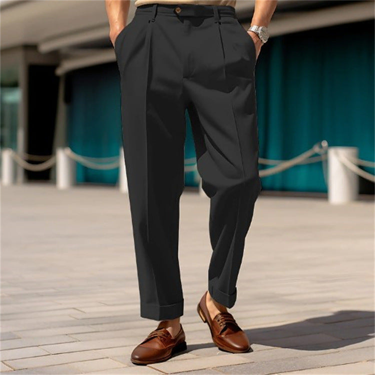 Men's Casual Trousers Comfortable Mid-waist Button Straight Suit Pants Black