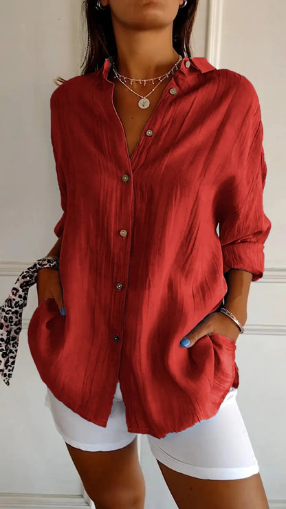 Lovely Female Lapel Long Sleeve Shirt Women's Single-breasted Pleated Shirt Red