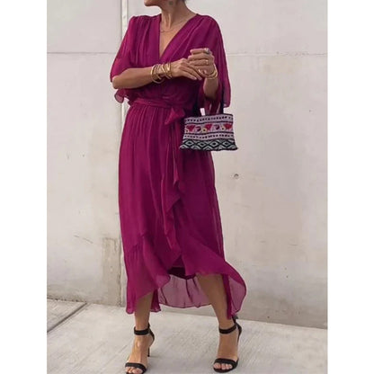 Elegant Women's Batwing Sleeve V-neck Dress Summer Pure Color Tied Irregular Long Dresses Womens Clothing Purplish Red