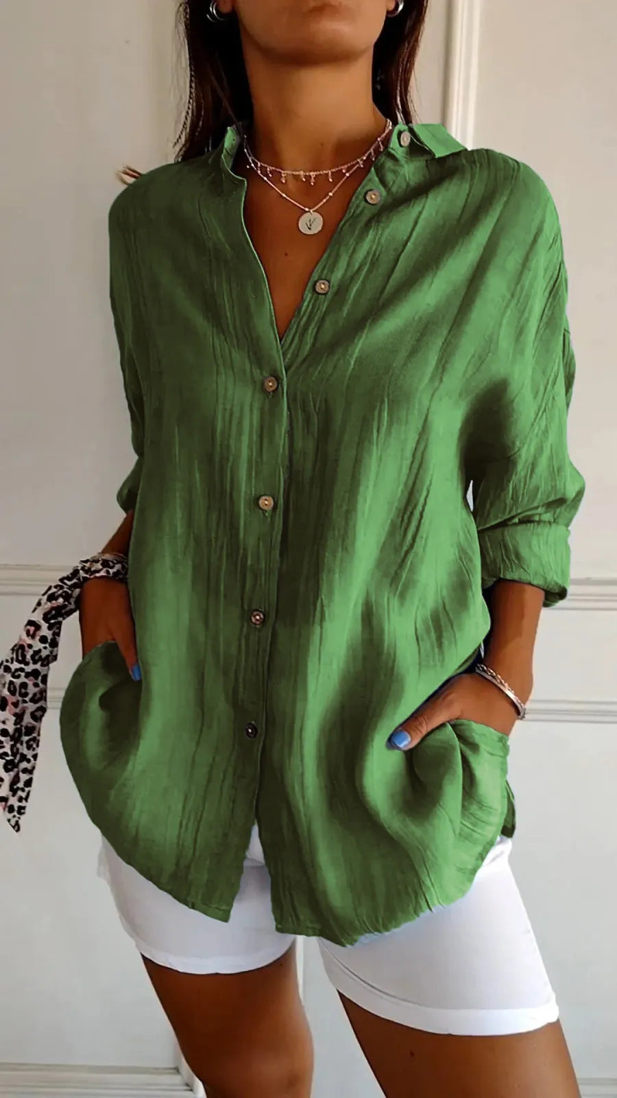 Lovely Female Lapel Long Sleeve Shirt Women's Single-breasted Pleated Shirt Green