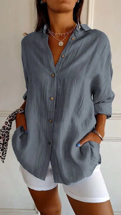 Lovely Female Lapel Long Sleeve Shirt Women's Single-breasted Pleated Shirt Gray