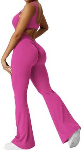 Elegant Female Women Sleeveless Flare Jumpsuits Fitness Yoga Long Pants Rose Red