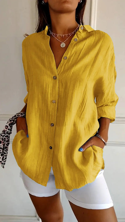 Lovely Female Lapel Long Sleeve Shirt Women's Single-breasted Pleated Shirt Yellow