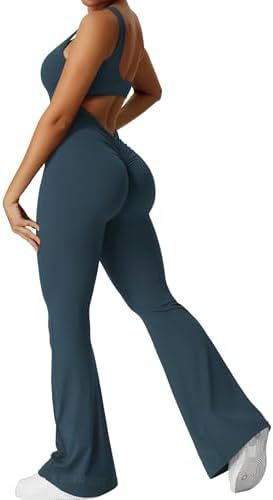 Elegant Female Women Sleeveless Flare Jumpsuits Fitness Yoga Long Pants Dark Green