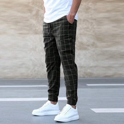 Cute Men's Fashion Plaid Print Pants Men's Casual Drawstring Trousers Black