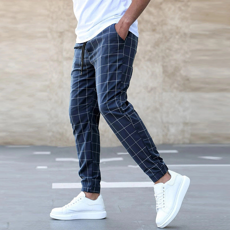 Cute Men's Fashion Plaid Print Pants Men's Casual Drawstring Trousers Dark Blue