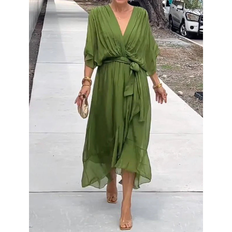 Elegant Women's Batwing Sleeve V-neck Dress Summer Pure Color Tied Irregular Long Dresses Womens Clothing Green