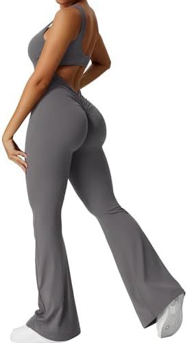 Elegant Female Women Sleeveless Flare Jumpsuits Fitness Yoga Long Pants Dark Gray