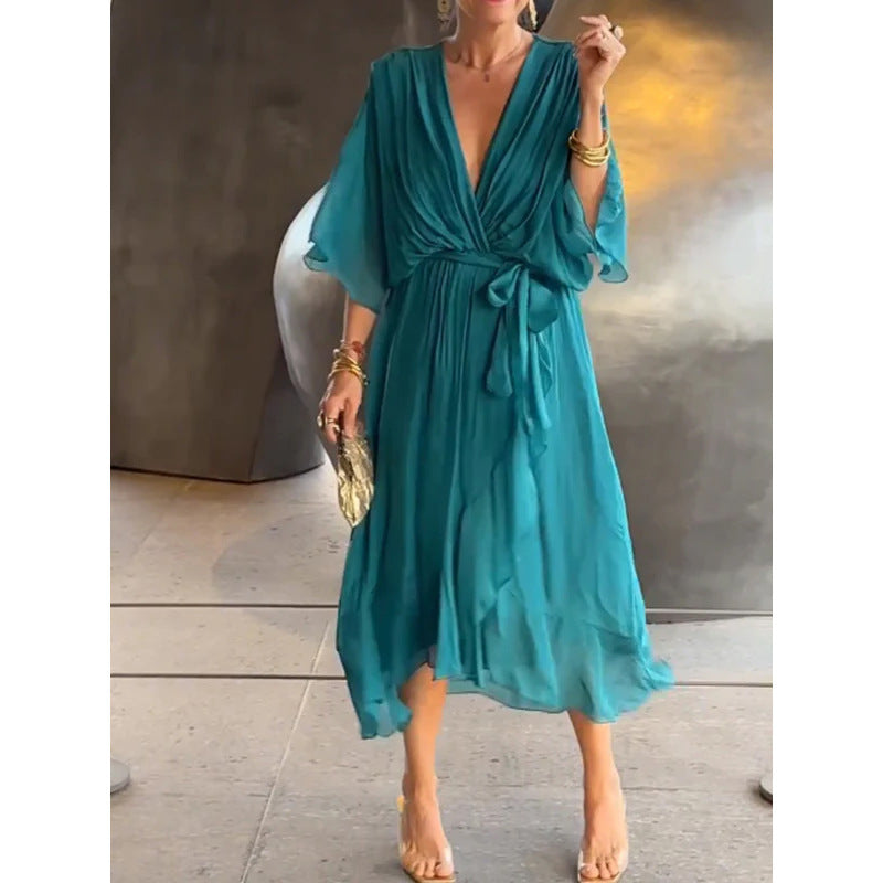 Elegant Women's Batwing Sleeve V-neck Dress Summer Pure Color Tied Irregular Long Dresses Womens Clothing Lake Blue