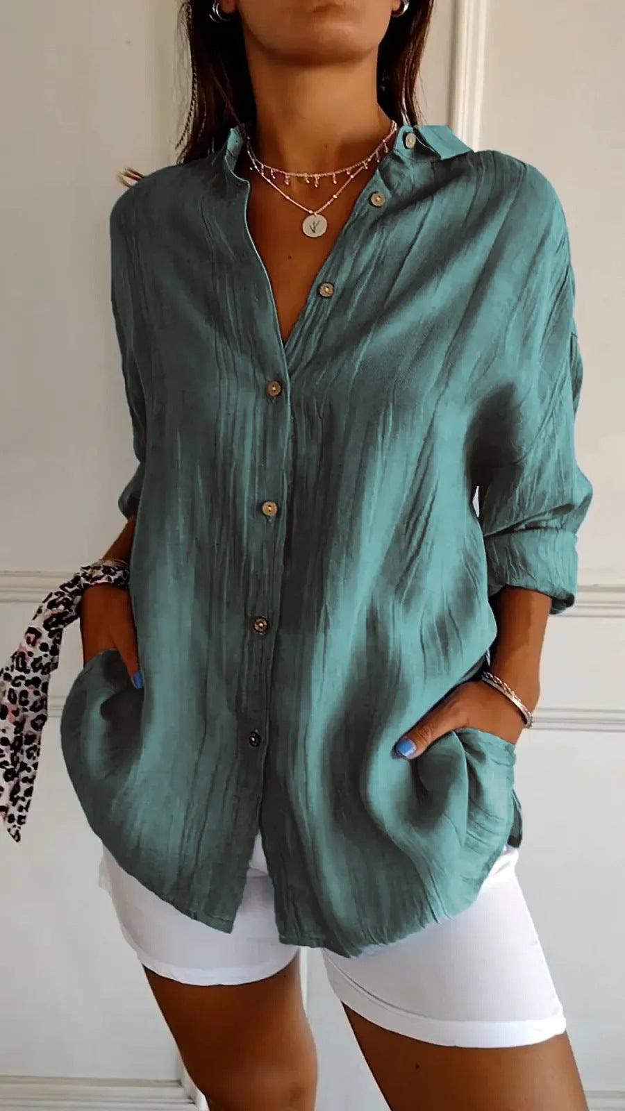 Lovely Female Lapel Long Sleeve Shirt Women's Single-breasted Pleated Shirt Peacock Green