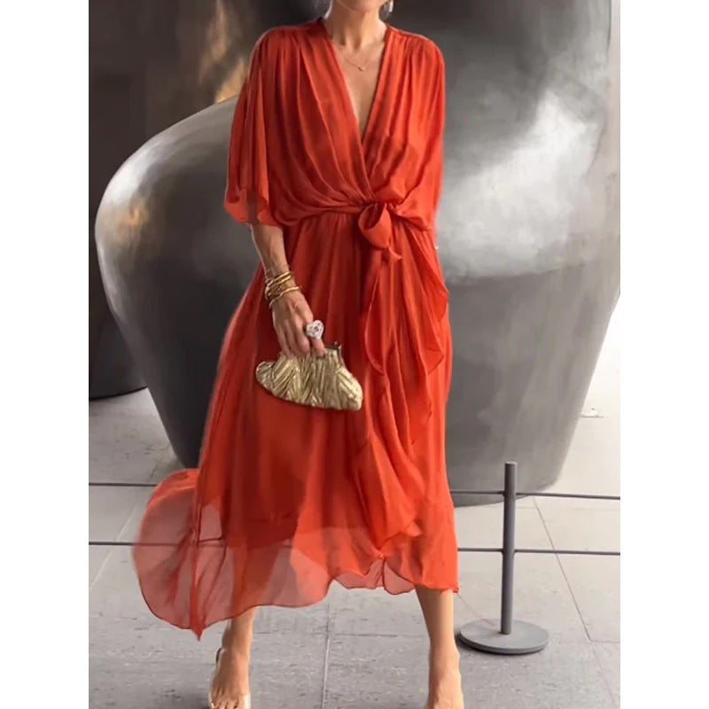 Elegant Women's Batwing Sleeve V-neck Dress Summer Pure Color Tied Irregular Long Dresses Womens Clothing Orange Red