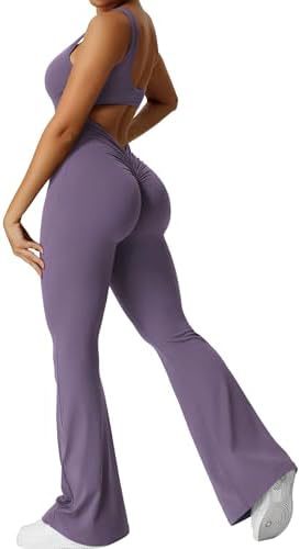 Elegant Female Women Sleeveless Flare Jumpsuits Fitness Yoga Long Pants Purple