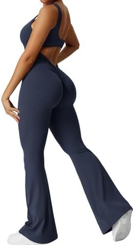 Elegant Female Women Sleeveless Flare Jumpsuits Fitness Yoga Long Pants Dark Blue