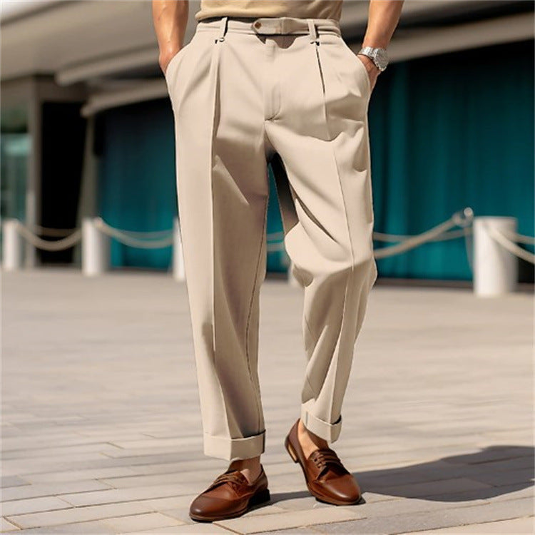 Men's Casual Trousers Comfortable Mid-waist Button Straight Suit Pants Khaki