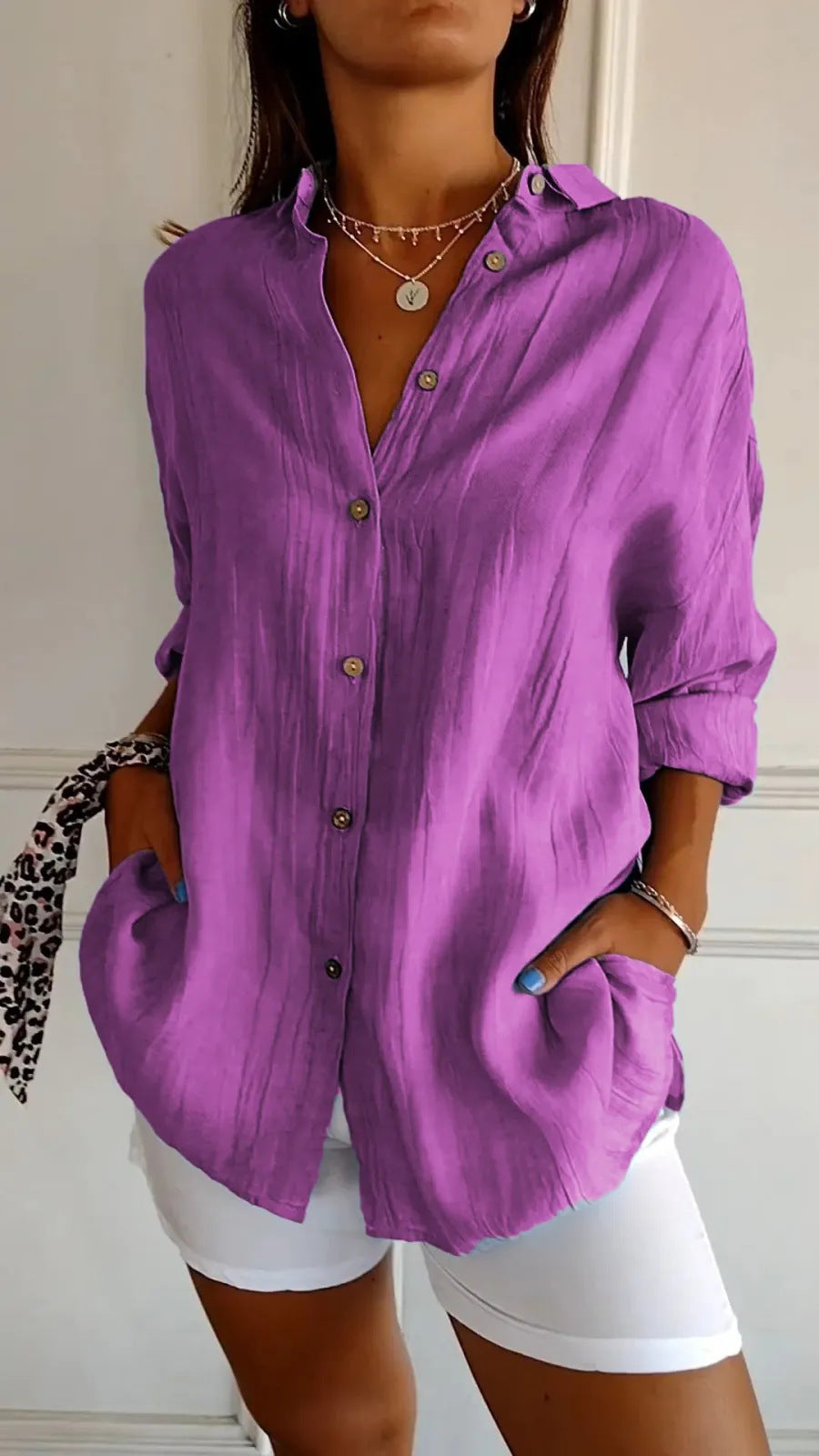 Lovely Female Lapel Long Sleeve Shirt Women's Single-breasted Pleated Shirt Purple