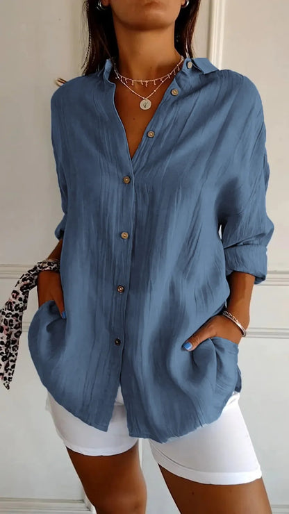 Lovely Female Lapel Long Sleeve Shirt Women's Single-breasted Pleated Shirt Blue