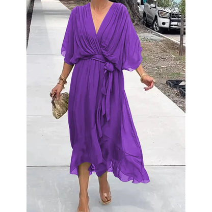 Elegant Women's Batwing Sleeve V-neck Dress Summer Pure Color Tied Irregular Long Dresses Womens Clothing Purple