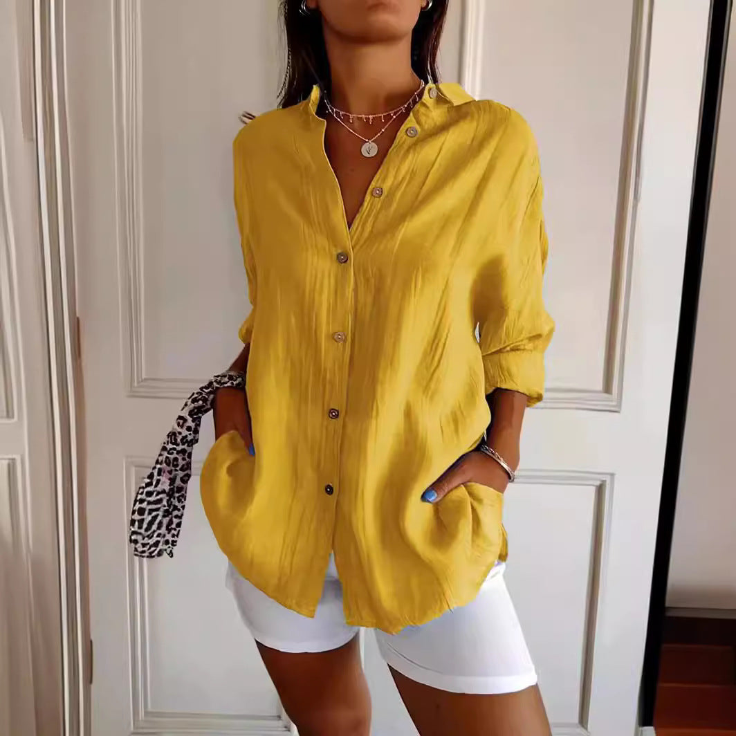 Lovely Female Lapel Long Sleeve Shirt Women's Single-breasted Pleated Shirt