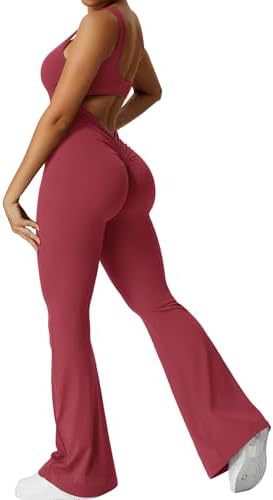 Elegant Female Women Sleeveless Flare Jumpsuits Fitness Yoga Long Pants Wine Red