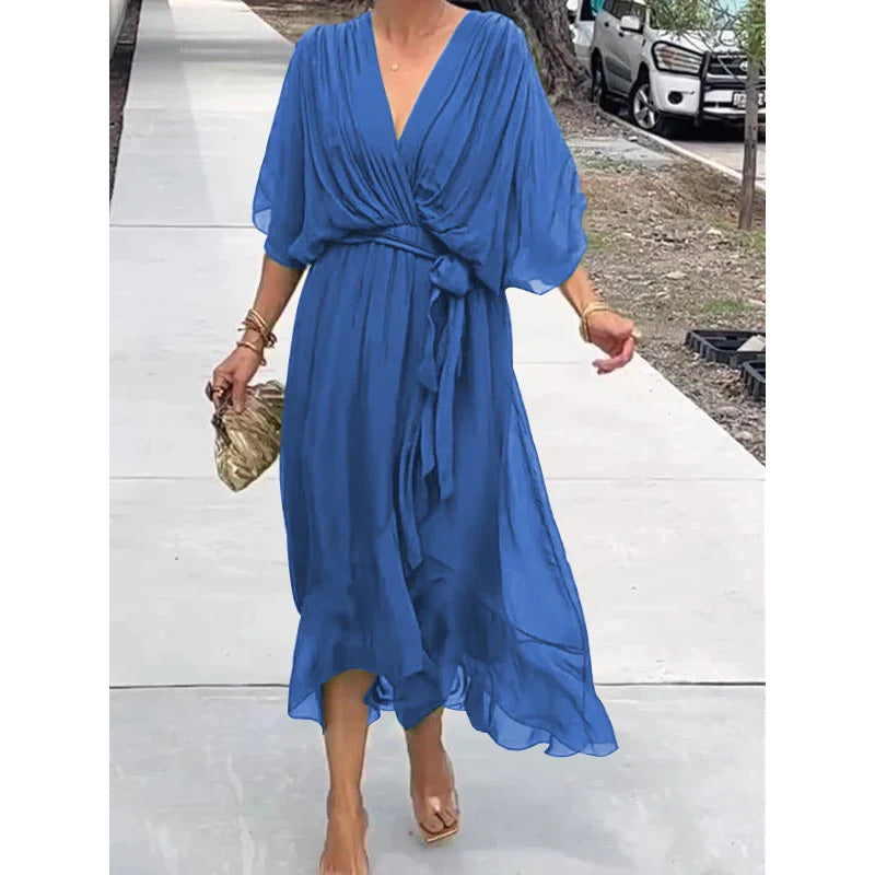 Elegant Women's Batwing Sleeve V-neck Dress Summer Pure Color Tied Irregular Long Dresses Womens Clothing Blue