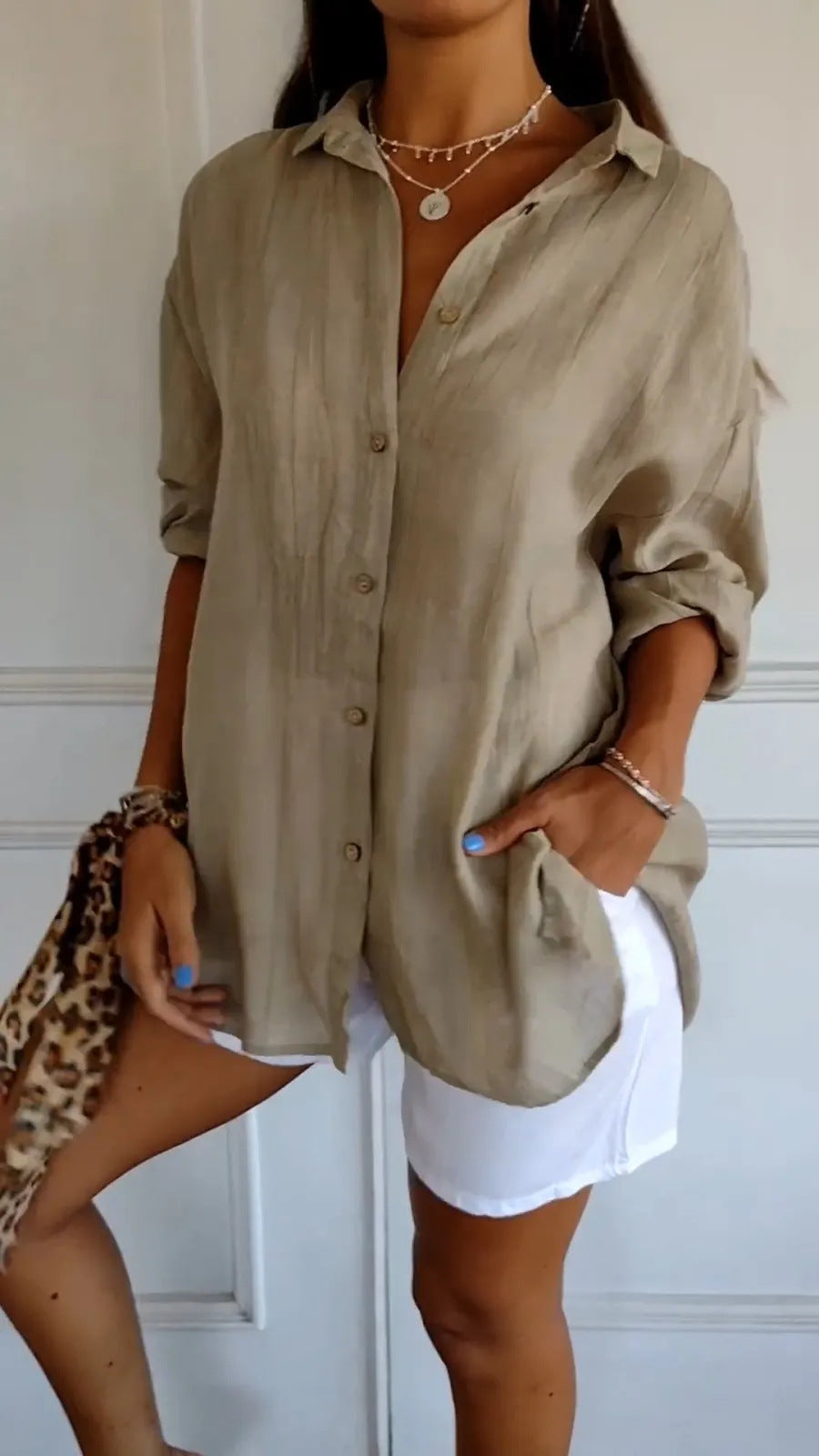 Lovely Female Lapel Long Sleeve Shirt Women's Single-breasted Pleated Shirt Khaki