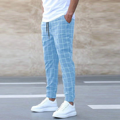 Cute Men's Fashion Plaid Print Pants Men's Casual Drawstring Trousers Sky Blue