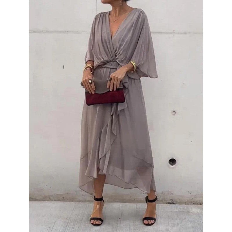 Elegant Women's Batwing Sleeve V-neck Dress Summer Pure Color Tied Irregular Long Dresses Womens Clothing Gray