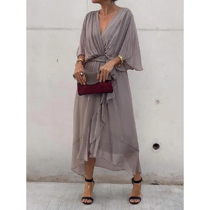 Elegant Women's Batwing Sleeve V-neck Dress Summer Pure Color Tied Irregular Long Dresses Womens Clothing Gray