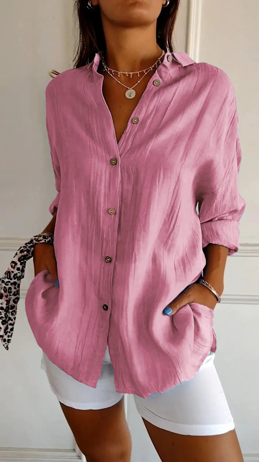 Lovely Female Lapel Long Sleeve Shirt Women's Single-breasted Pleated Shirt Pink