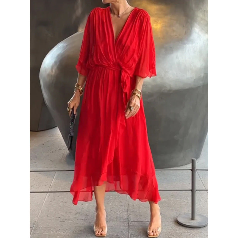 Elegant Women's Batwing Sleeve V-neck Dress Summer Pure Color Tied Irregular Long Dresses Womens Clothing Red