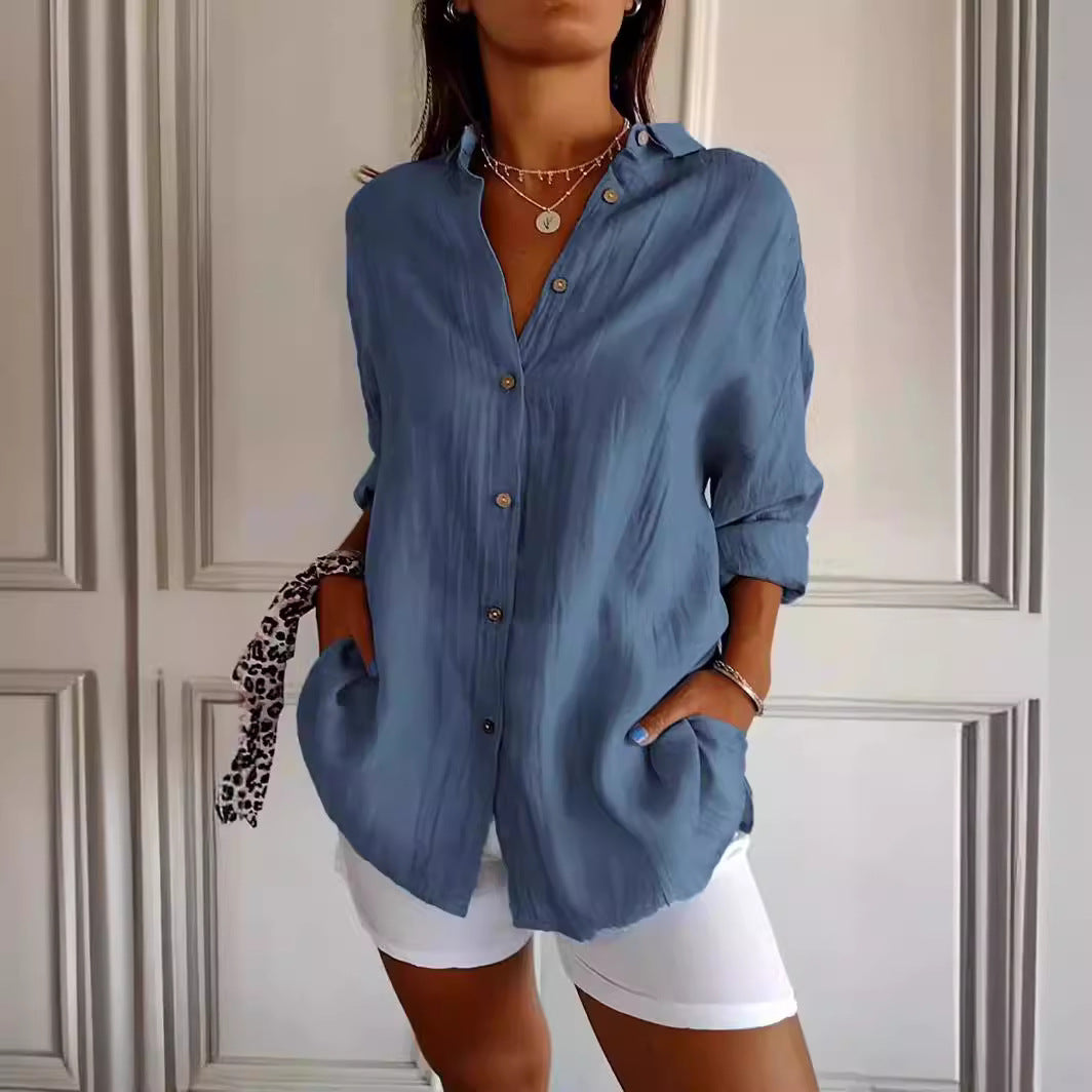 Lovely Female Lapel Long Sleeve Shirt Women's Single-breasted Pleated Shirt