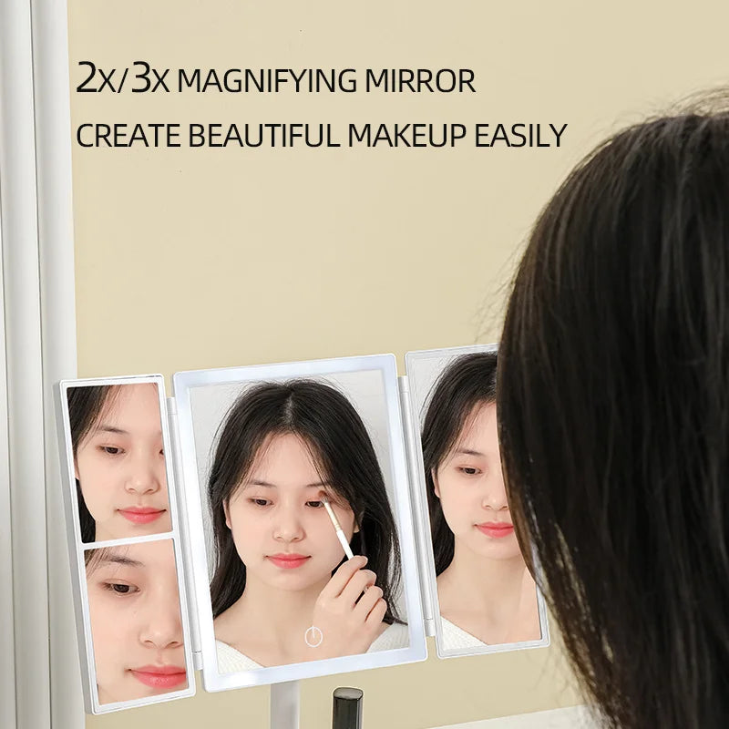 Wireless Foldable Makeup Mirror With LED Light 3 Tone Lights Desktop Vanity Mirror 2X/3X Magnifying 360° Adjustable Rechargeable