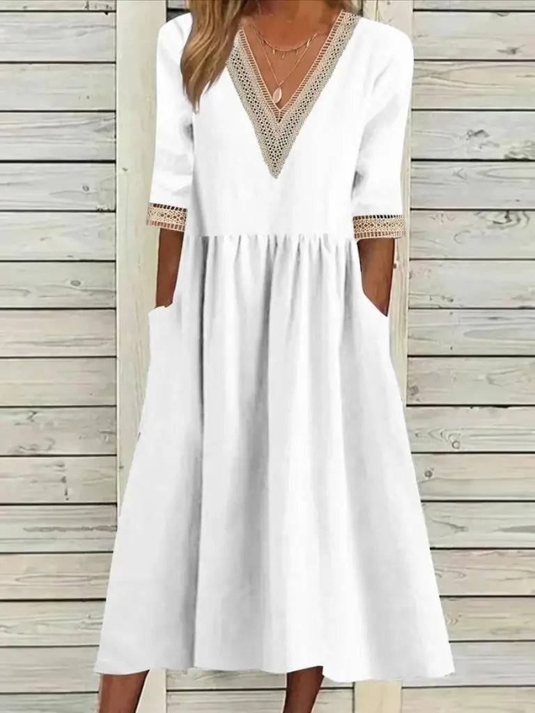 Women's Dress Summer New V-neck Half Sleeve Cotton Solid Pleated Elegant A-line Dress Fashion Casual Loose Vintage Long Dress WHITE CHINA