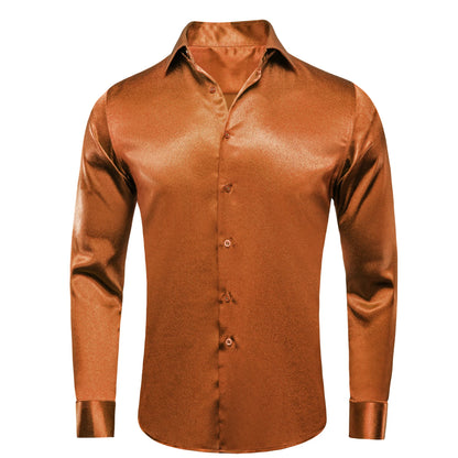 Hi-Tie Gold Luxury Mens Shirts Silk Jacquard High Quality Long Sleeve Lapel Shirt Casual Formal for Male Wedding Business Gifts