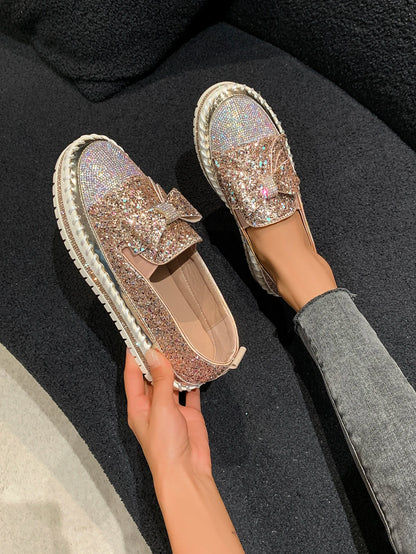 Fashion Women Shoes Shining Rhinestone Loafer Bowknot Slip-on Thick Botton Casual Ladies Crystal Female Platform Sneakers Sports