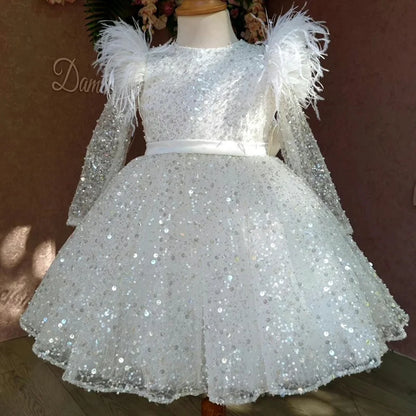 Fashion Baby Girl Princess Sequins Tutu Dress Feather Long Sleeve Child Vestido Wedding Party Birthday Xmas Baby Clothes 1-14Y