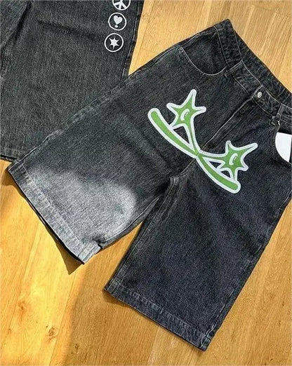 Y2k Hip Hop Vintage Loose Jorts Harajuku Streetwear Summer Punk Rock Letter Embroidery Fashion Denim Shorts Men Clothing 2