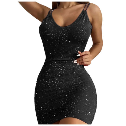 Elegant Women's Party Dresses 2024 Summer Fashion Gold Sprinkled V-Neck Tight Vest Dress Sexy Women's Evening Dress Midi Dresses