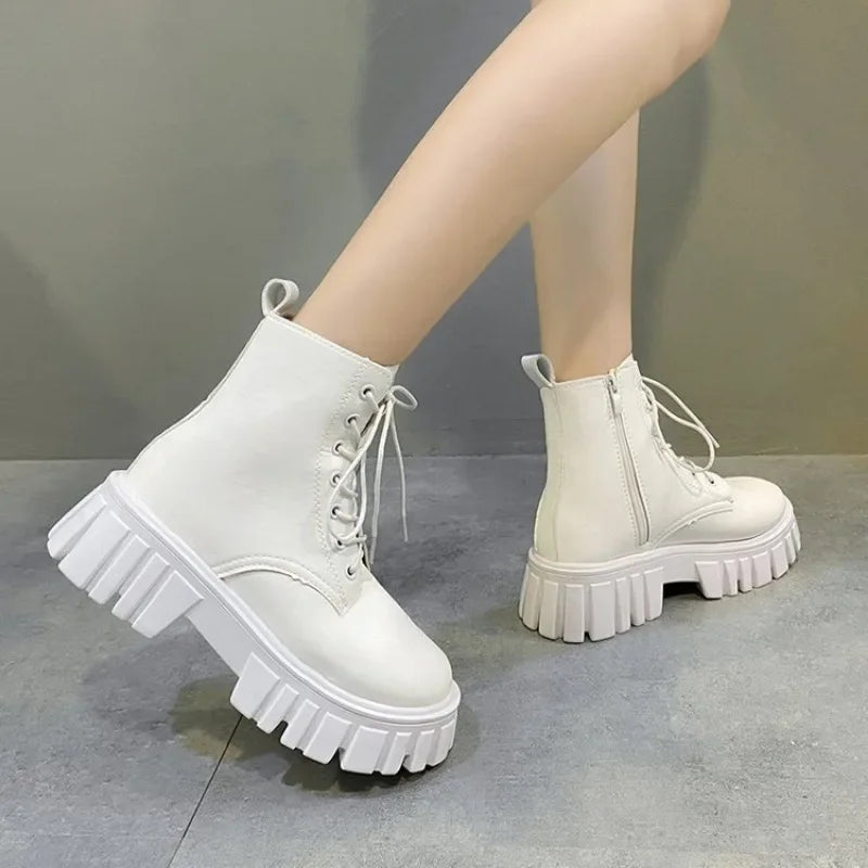 Rimocy Chunky Platform White Ankle Boots Women Autumn Winter Pu Leather Combat Booties Mujer Punk Thick Bottom Motorcycle Boots