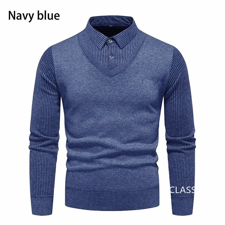 Men Twinset Sweaters Outwear Casual Pullovers Shirts Good Quality Male Winter Warm Fake Two Pieces Sweaters Sweatercoats 4XL