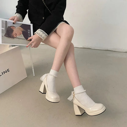 Women's Spring and Autumn New Vintage Pearl Bow Mary Jane Shoes Thick Heels Sweet High Heels Single Shoes