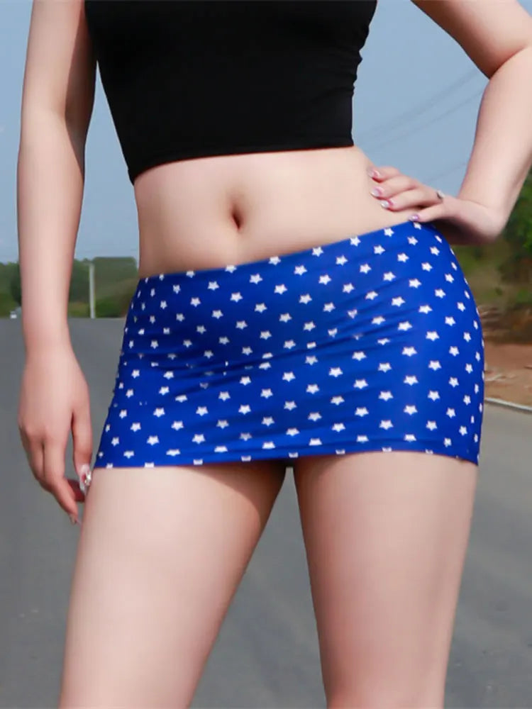 Women's Skirt Shorts Blue Star Printing Hot Girls Low Waisted Elastic See Thro Hip Tight Mini Skirt Kawaii Womens Clothing Sexy