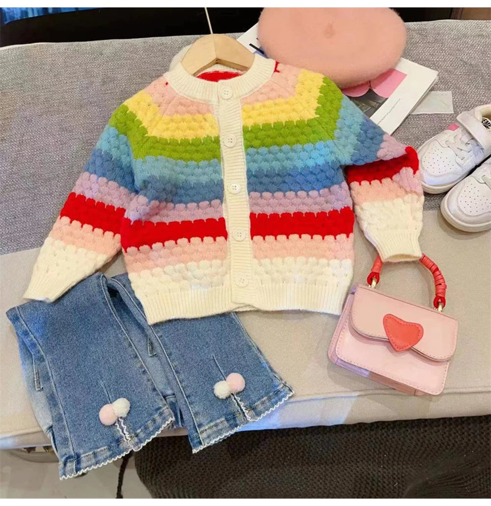 Rainbow Striped Knitted Cardigans for Kids Baby Girls Autumn Winter Long Sleeve Single-breasted Sweater Coats Children Clothes