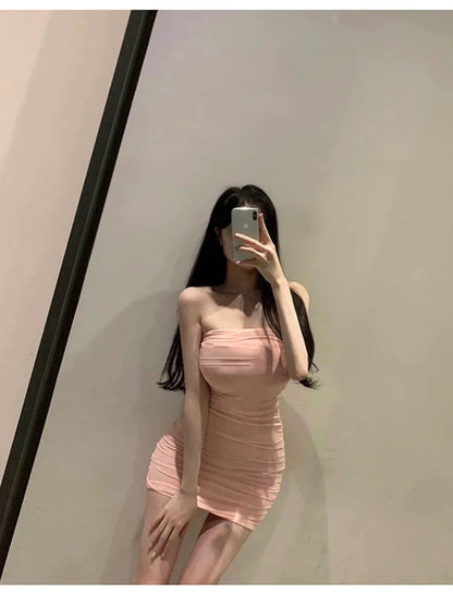 Korean Style Temperament Girl Chest Wrapping Slim Fit Sexy Off Shoulder One Line Neckline Mesh Pleated Wrapped Hip Dresses NXCQ