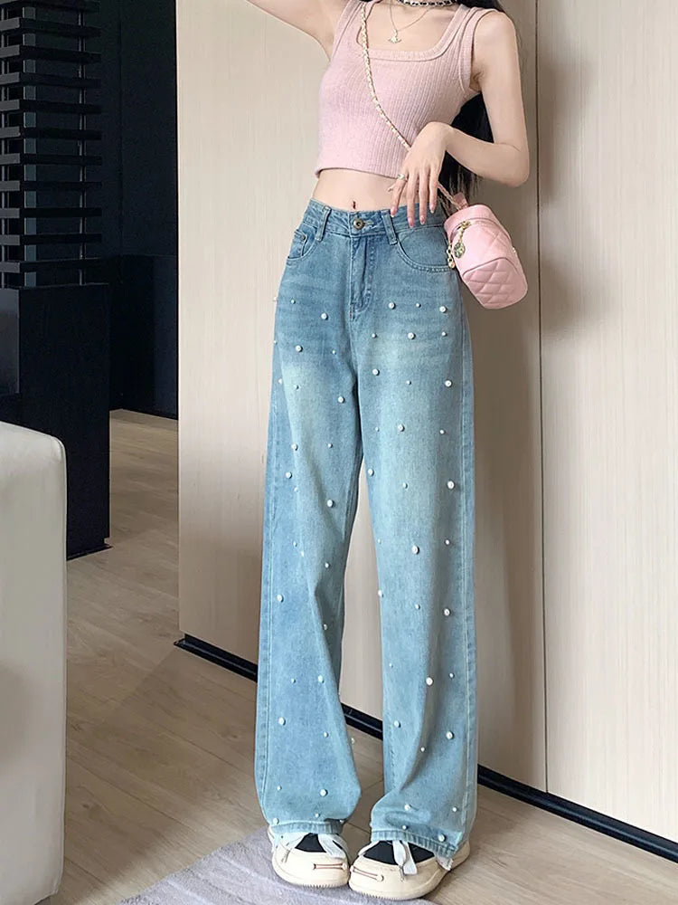 2023 Spring and Summer New Design Sense Pearl Slimming Loose Casual Baggy Jeans Straight-Leg Pants Women's Long Trousers Fashion