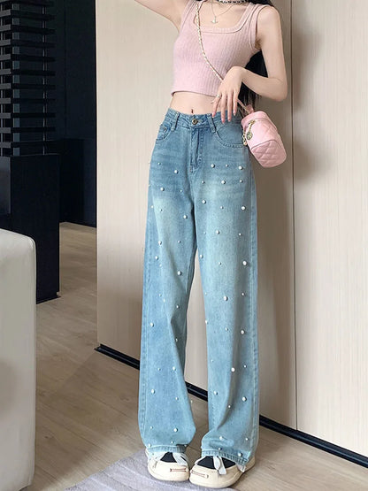 2023 Spring and Summer New Design Sense Pearl Slimming Loose Casual Baggy Jeans Straight-Leg Pants Women's Long Trousers Fashion