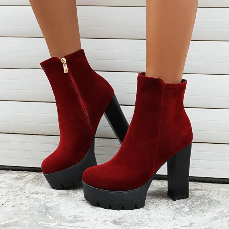 Faux Suede Round Toe High Top Mature Ladies Ankle Boots Platform Block High Heels Zip Up Burgundy Brown Warm Winter Women Shoes