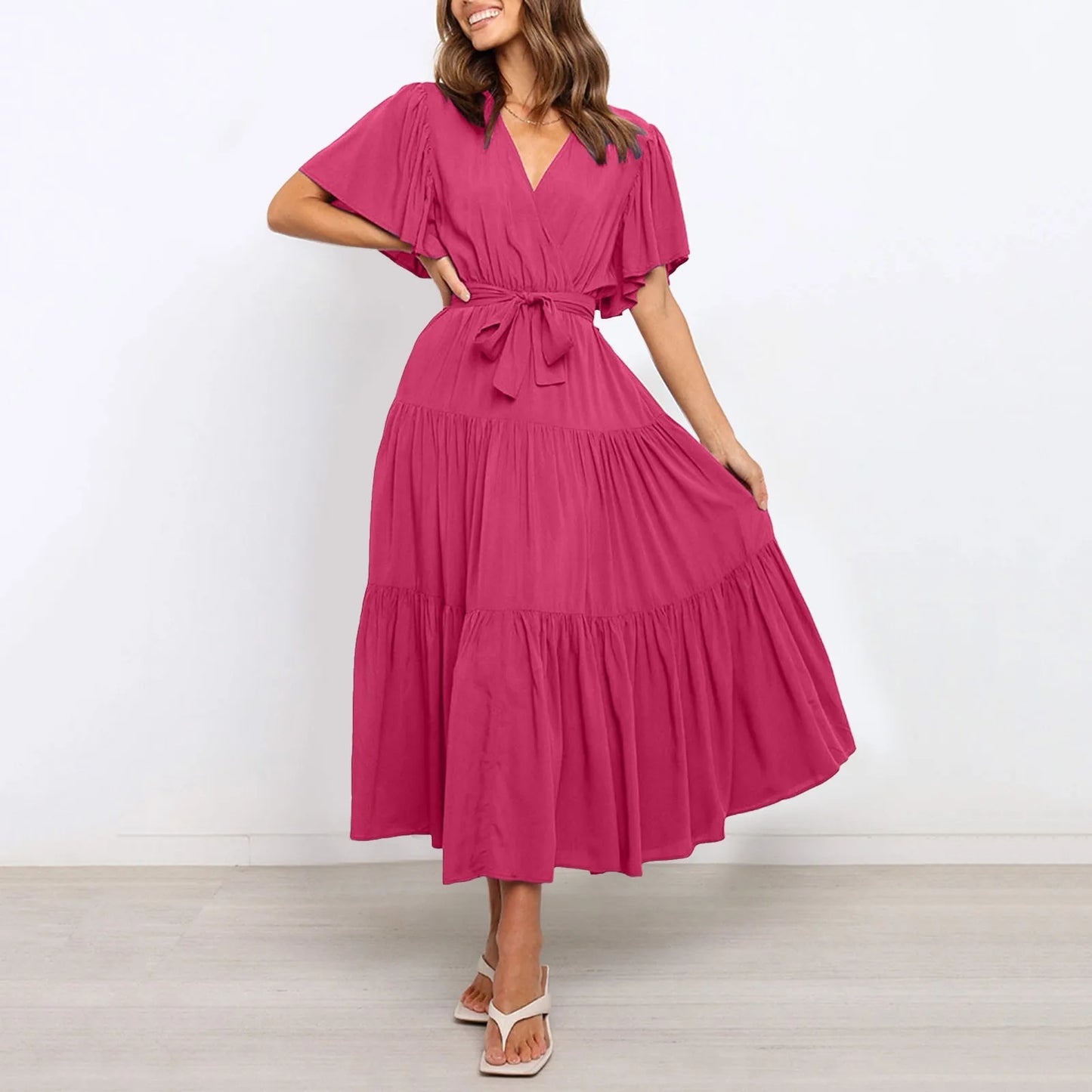 Women Chiffon Dress 2024 Summer Lace-Up Butterfly Sleeve Casual Ruffle V-Neck Fashion Party Vestidos Sexy Bohemian Robe Femme