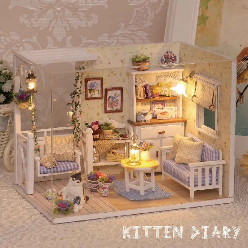 Kitten Mini Doll House Mini Model Building Kit Assembled House, Home Kit Creative Room Bedroom Decoration with Furniture, DIY Ha