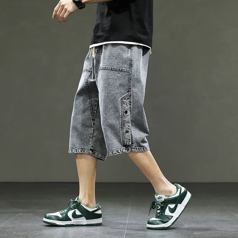 Big Size Denim Shorts Men Summer Streetwear Fashion Male Jean Shorts Y2k Baggy Plus Size 3/4 Long Black Wide Leg Korean Style Gray